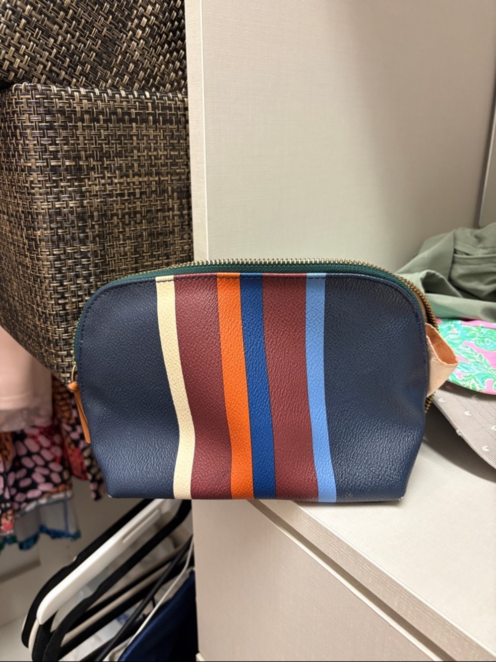 Tory Burch Navy Leather Pouch with Multi-Color Stripes - Picture 2 of 4